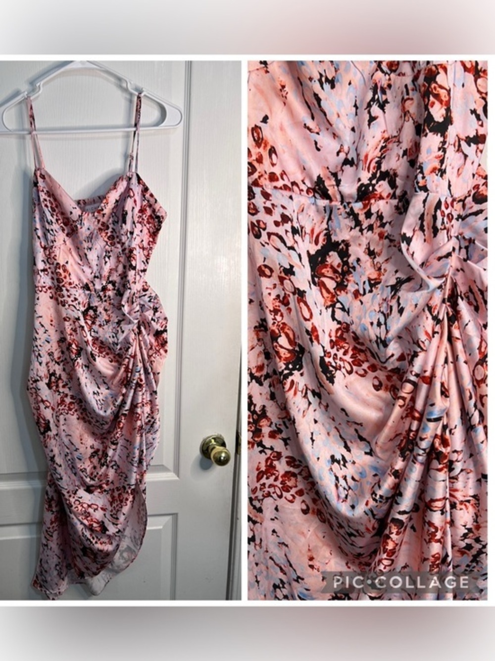 Chicways Pink Floral-Print Satin Draped Midi Slip Dress size L